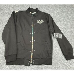 Rebel Vengeance Mens Black‎ Bomber Jacket Samurai Skeleton Tapestry Back Medium